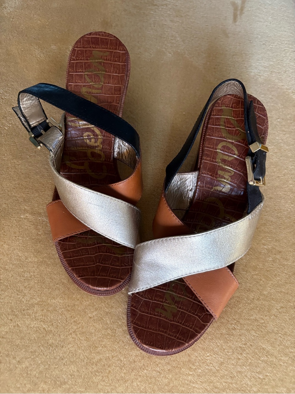 Sam Edelman Metallic Silver, Black & Brown Crisscross Wedge Sandals